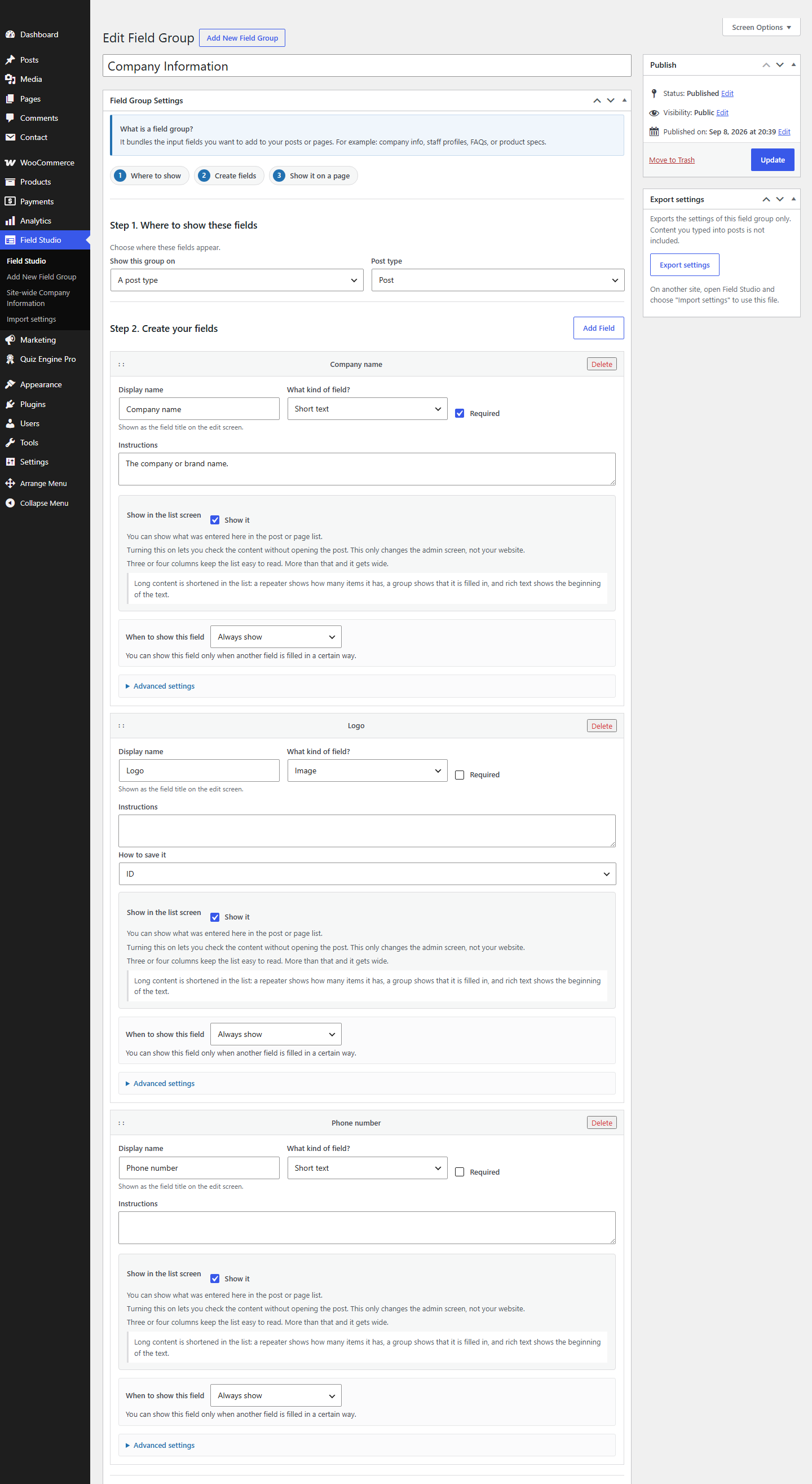 Neutrope Field Studioで表示場所と複数の入力フィールドを編集する画面
