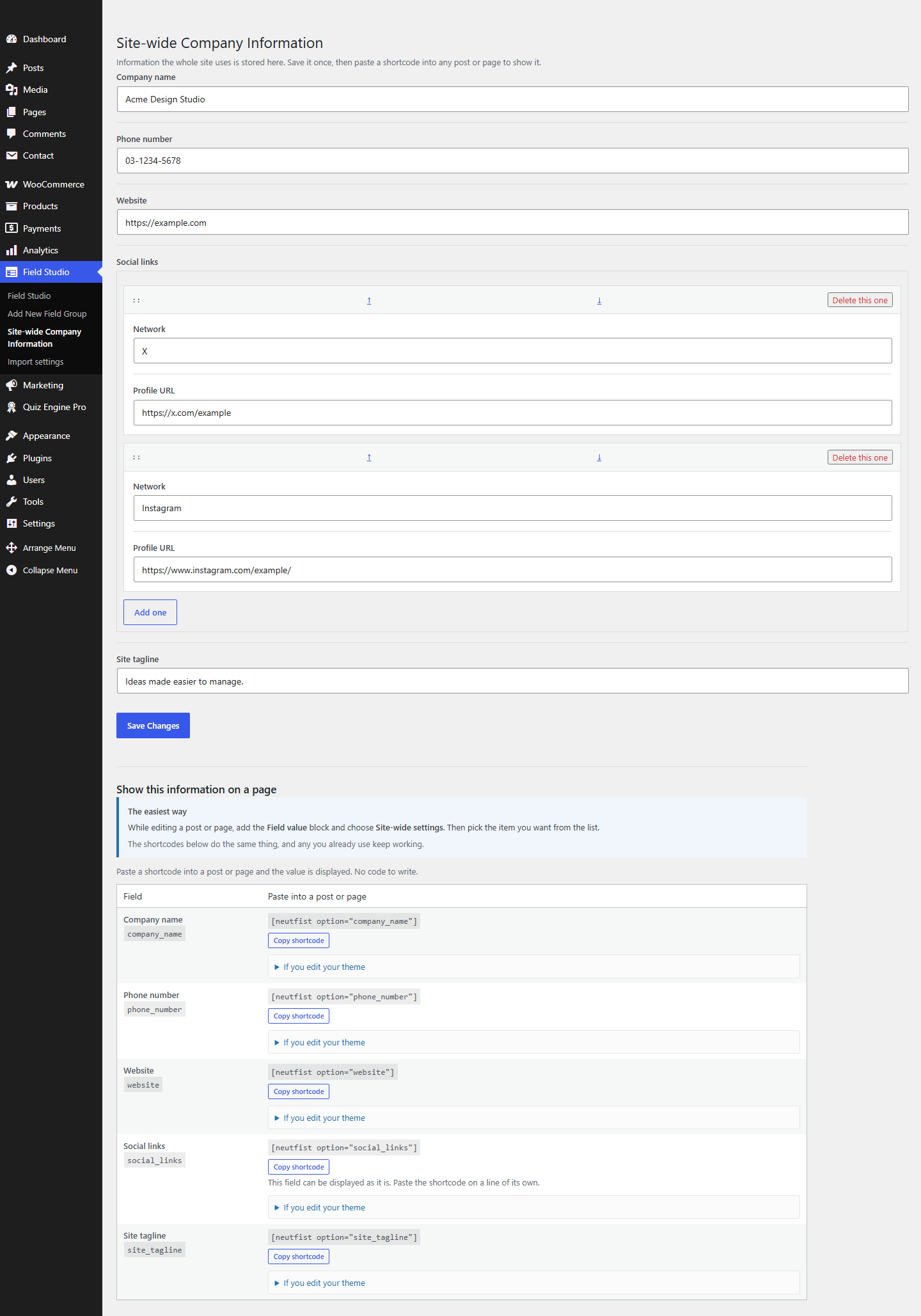 会社名や住所などを入力するNeutrope Field Studioのサイト共通設定画面