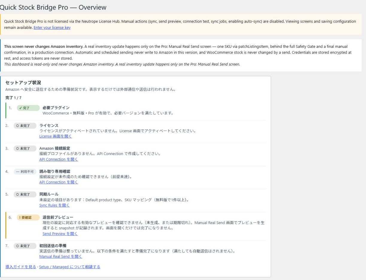 Pro Overview の7段階セットアップチェックリスト。完了、未完了、要確認の状態が一覧表示されている