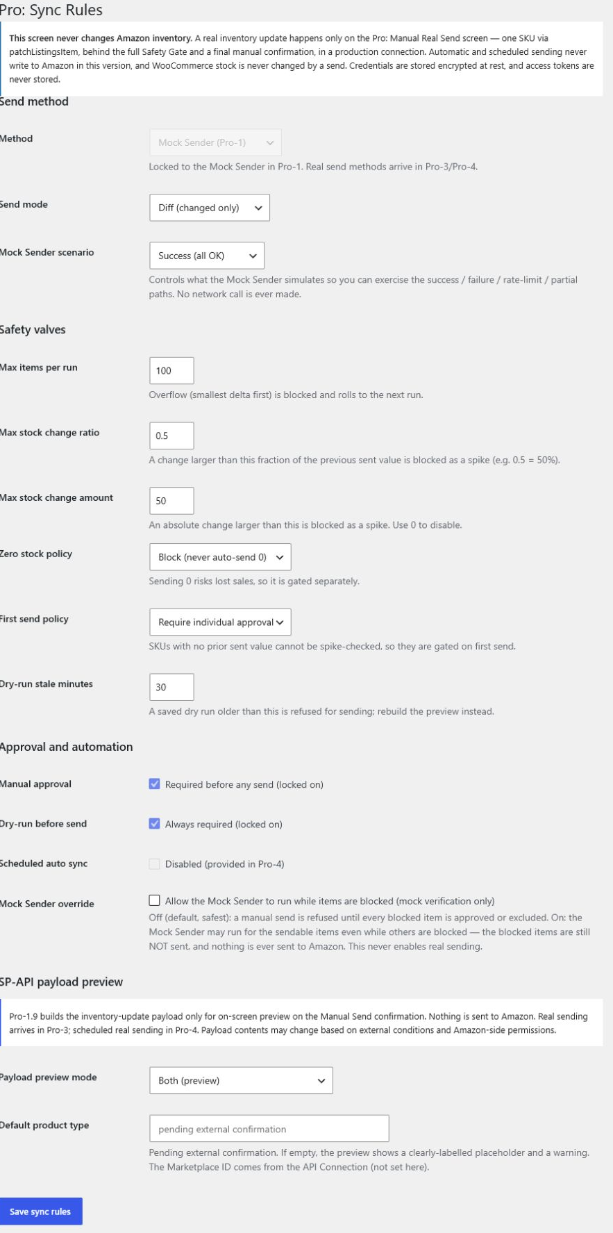 Pro Sync Rules の安全上限と productType 設定画面。実在する SKU は表示されていない