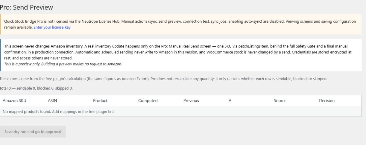 Pro Send Preview の未生成画面。対象商品がなく、送信操作が無効な安全状態