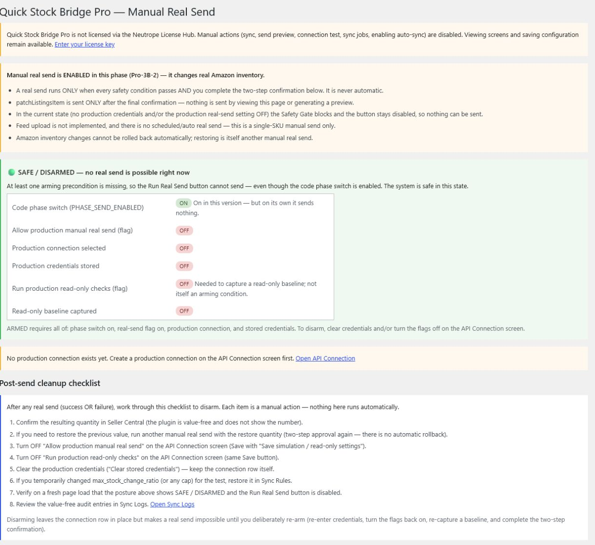 Pro Manual Real Send の SAFE DISARMED 画面。Production 条件が未成立で実送信がブロックされている