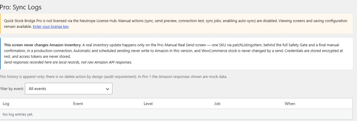 Pro Sync Logs の空の一覧画面。同期ログはまだ記録されていない