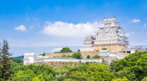 白い漆喰の壁が続く姫路城の天守群